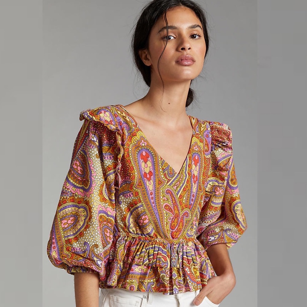Anthropologie Paisley V-Neck Ruffle Peplum Blouse — Yellow, Pink, Purple
